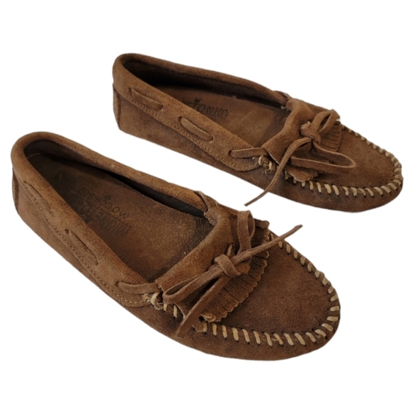 MINNETONKA Kilty Suede Mocassin Sz 7.5 Cognac Casual Comfy Everyday - Picture 10 of 10